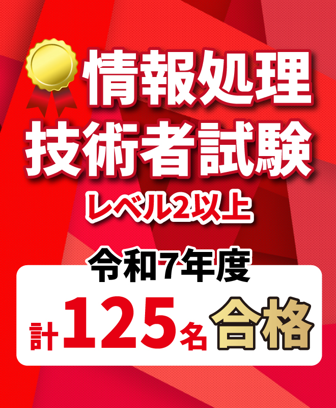 令和6年度合格実績 2024年4月1日〜2025年3月31日までの受験者　情報処理技術者試験 本校生合格者 約110名